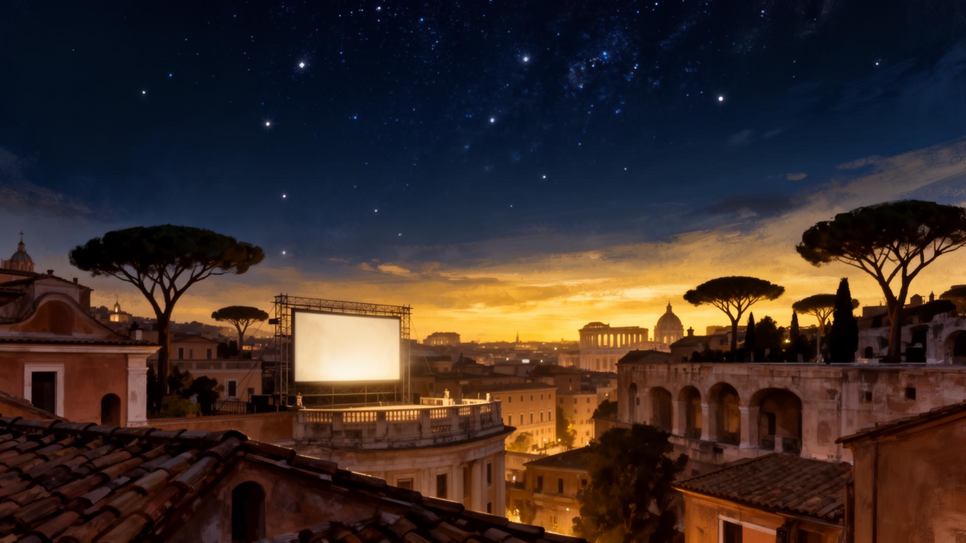 Il cielo notturno sopra i tetti di Roma con uno schermo cinematografico